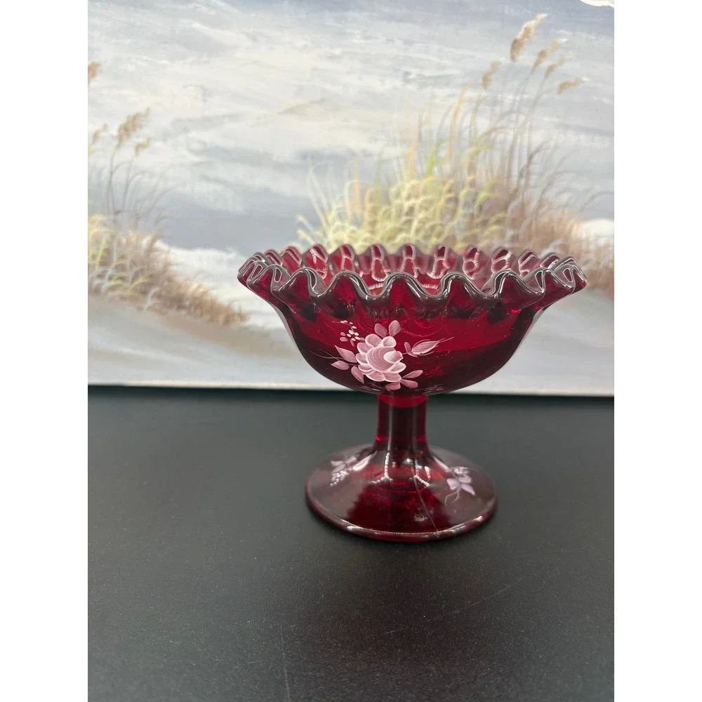 Fenton Ruby Red Glass Pedestal Candy Dish Hand Painted Floral Ruffled Rim Kim L